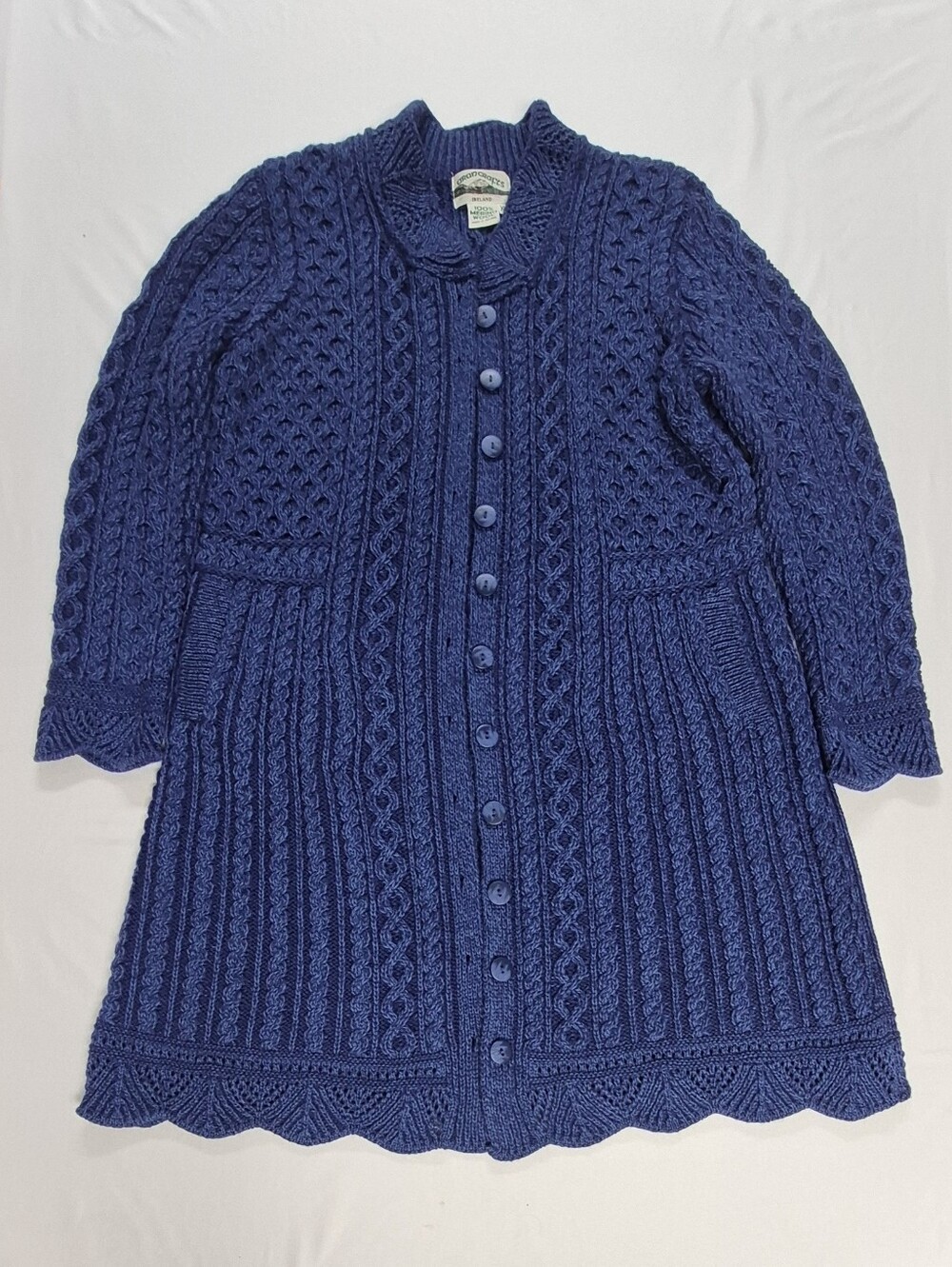 Aran Crafts Ireland Merino Wool Blue Cable Knit Duster Cardigan Woman’s XL